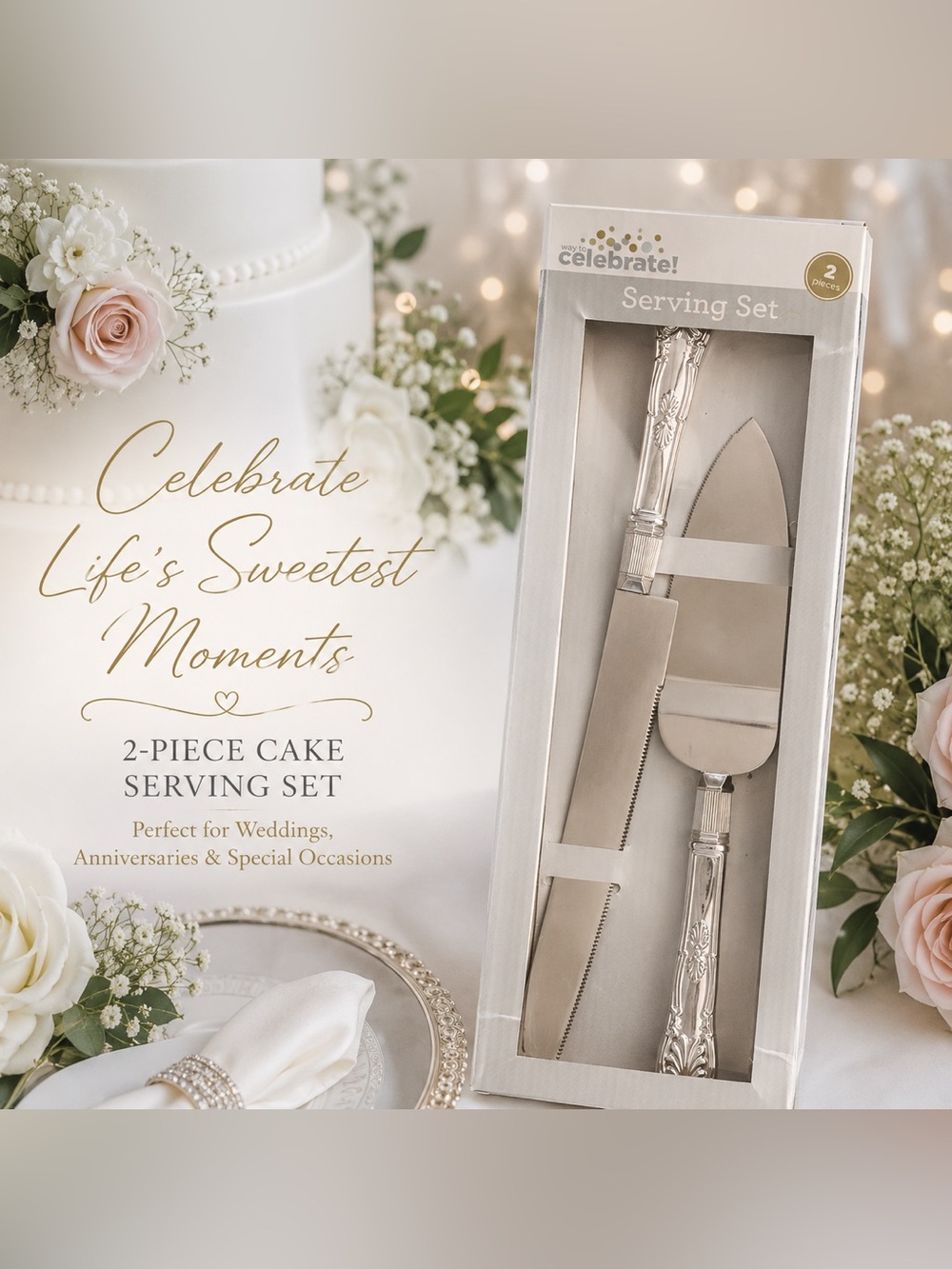 2-Piece Cake Serving Set – Silver Tone Cake Knife & Server